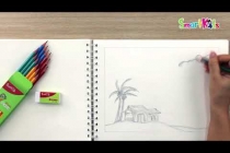 Hướng dẫn vẽ bức tranh ngôi nhà cây dừa bên bờ biển bằng bút chì đen Smartkids